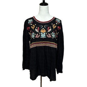 April Sky Top Womens Large Black Blue Embroidered Floral Peasant Boho Hippie‎
